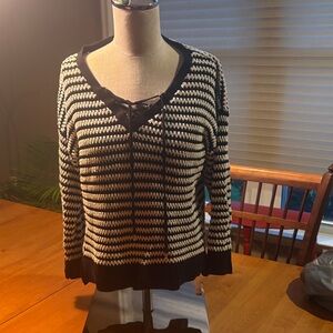 White House Black Market Black & Cream Striped Lace-Up V-Neck Sweater